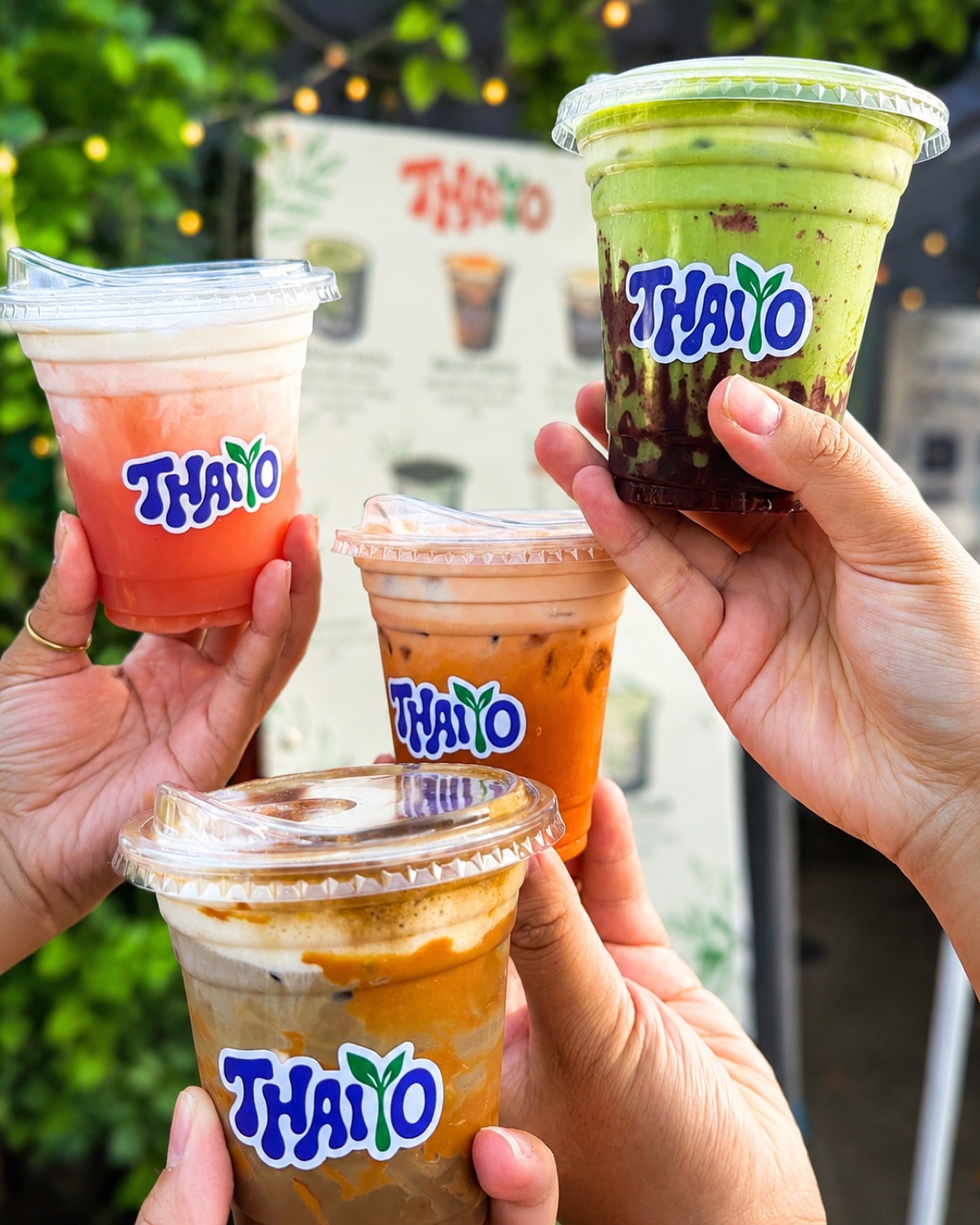 Four hands raising Thaiyo drinks at the pop-up: strawberry, Thai tea, matcha and iced coffee
