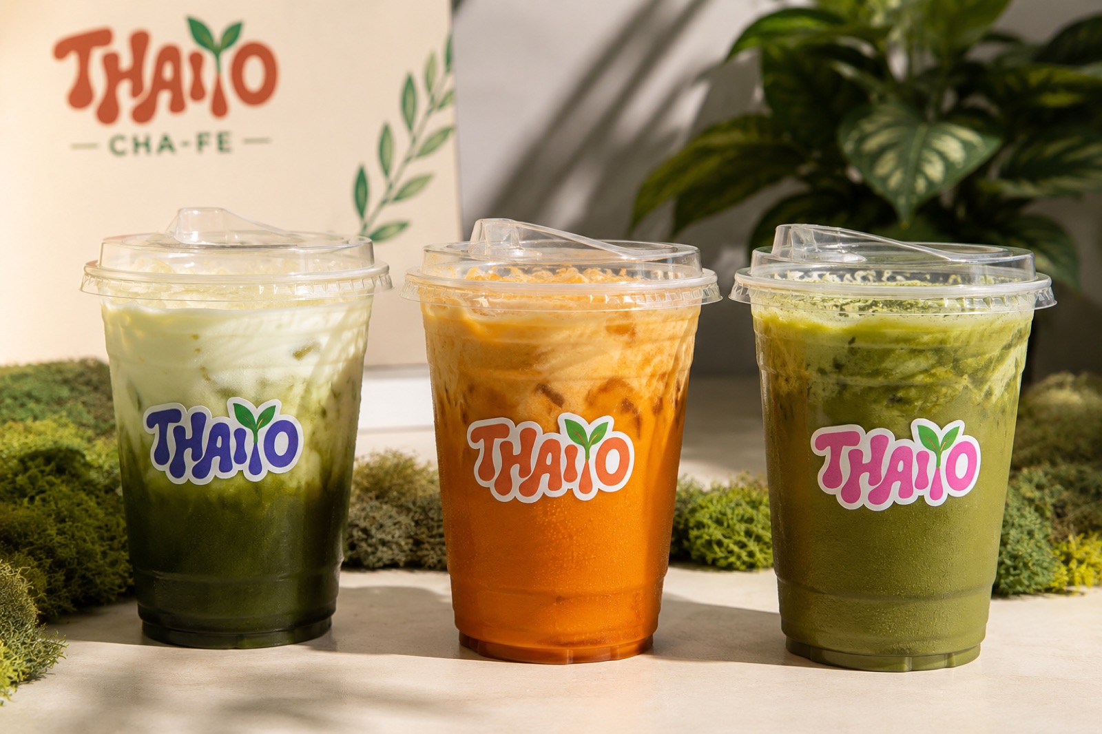 A row of Thaiyo drinks: matcha, Thai tea and iced tea