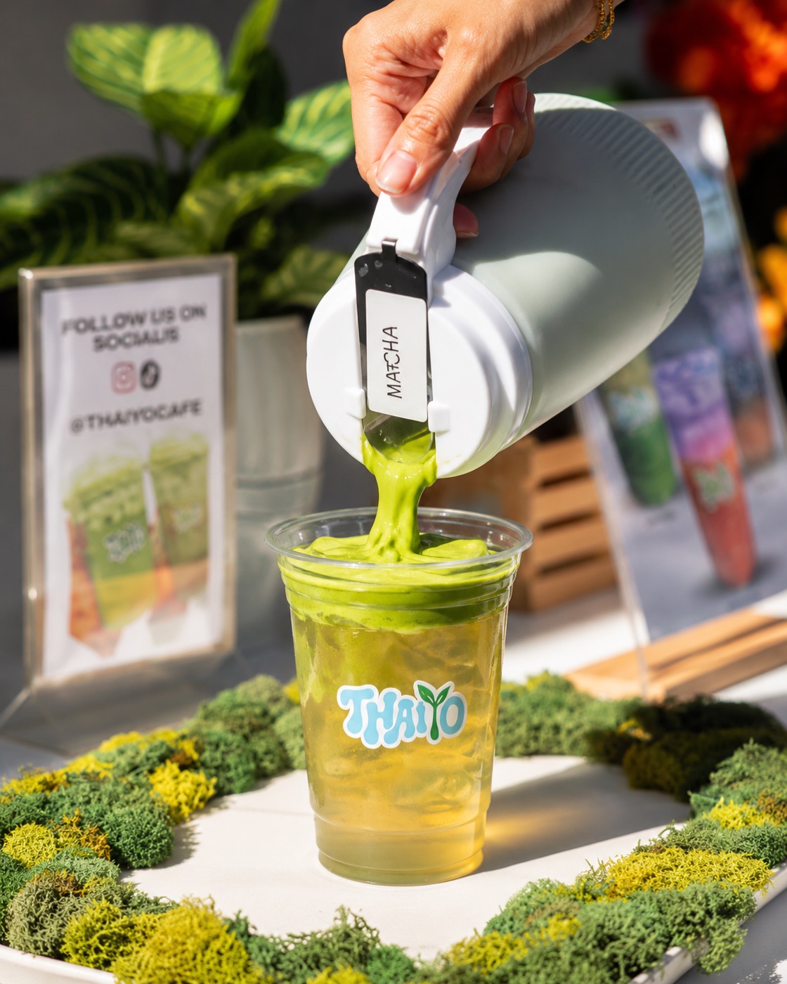 A Thaiyo matcha being poured beside a Follow us on socials at thaiyocafe sign