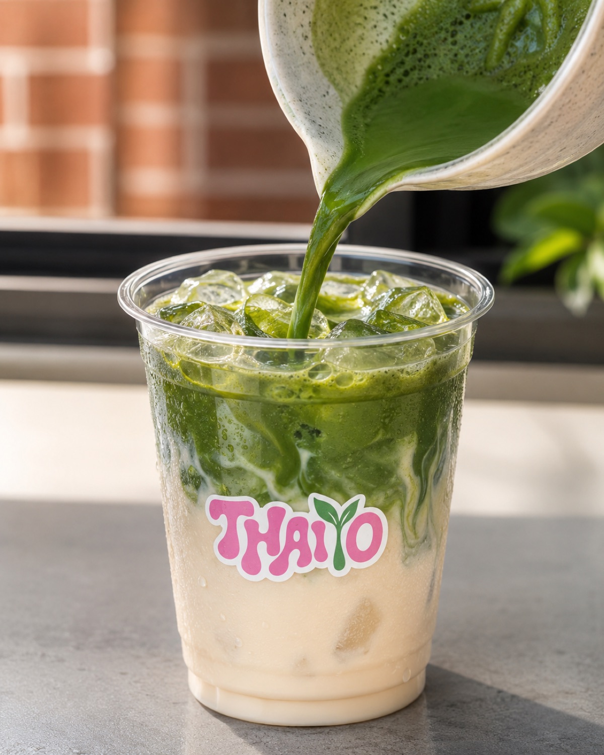 Fresh matcha being poured over ice into a Thaiyo cup