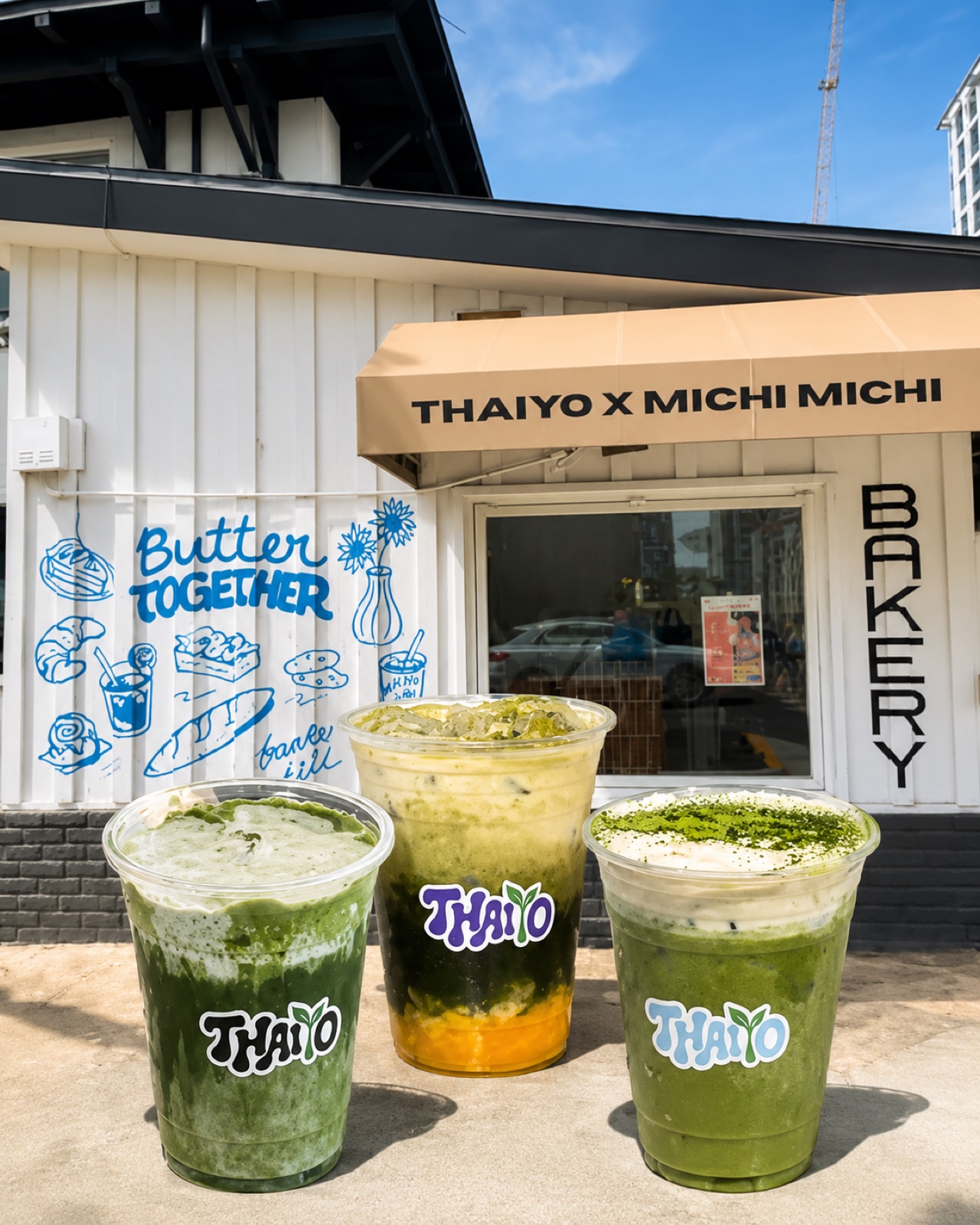 Thaiyo x Michi Michi Bakery pop-up storefront with matcha drinks out front