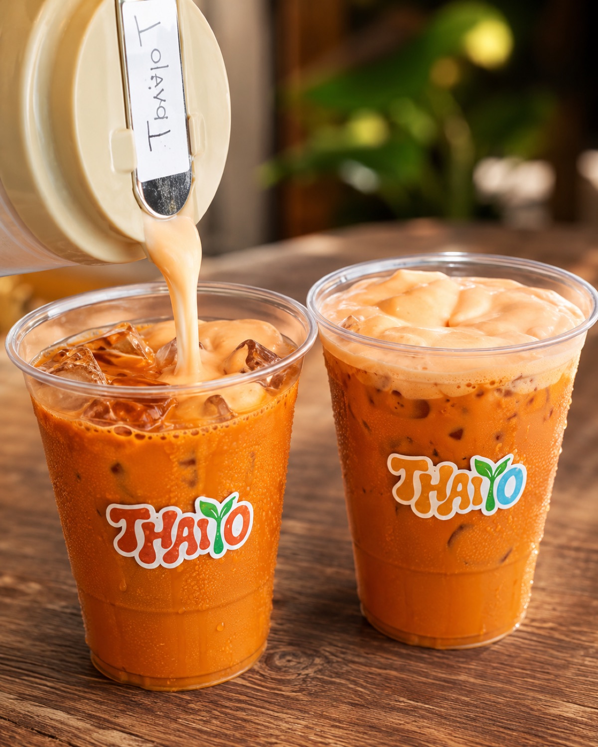 Two Thai teas, one being poured over ice